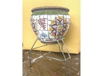 Great Mosaic Garden Pot On Vintage Metal Stand