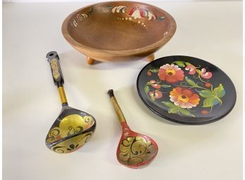 Four Painted Decorative Bowls And Spoons