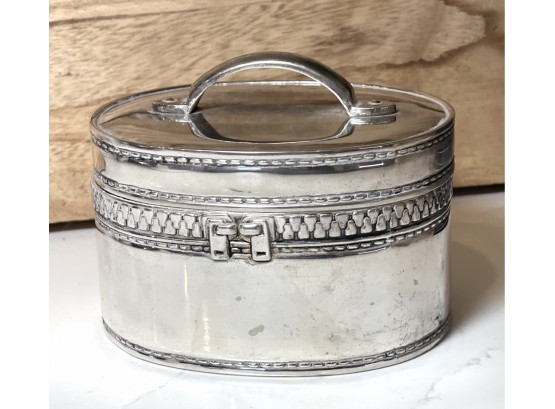 Vera Lucino Silver Plate Trinket Box, Train Case, Zipper Detail