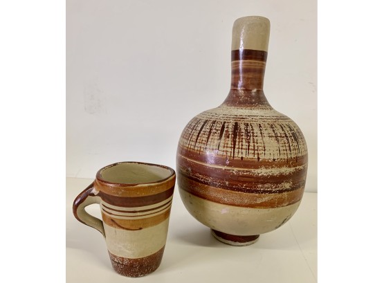 Vintage Mexican Pottery 2pc Hand Painted Wine/ Water Carafe With Cup