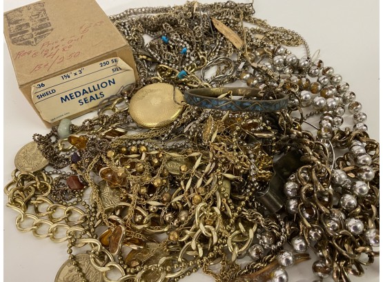 Heavy Lot Of Jewelry Pieces And Orig Box Of Medallion Shield Stickers