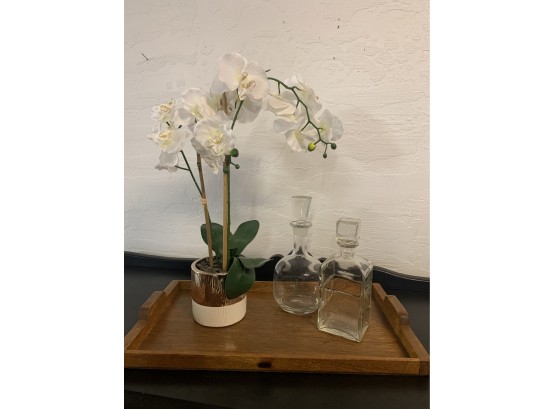 Fabulous Wood Serving Tray, Decanters & Faux Orchid Ready To Be Displayed !!