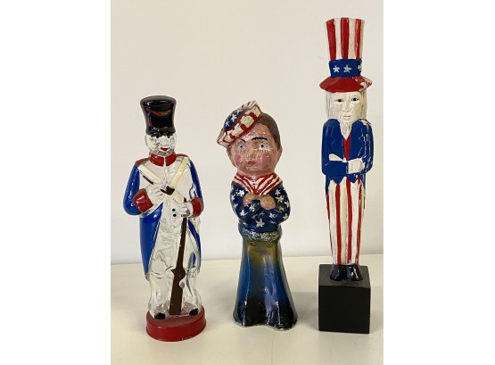 Trio Of Patriot Figures, Bottle Chaulk And Wood.