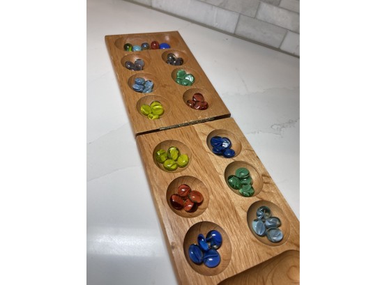 Folding Hinged Mancala Game, Wood Box With Cats Eye Glass Pieces