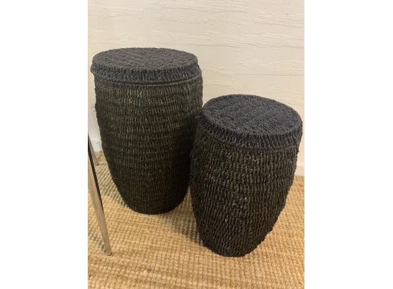 Set Of Two Black Wicker Baskets  With Lids  20 & 17