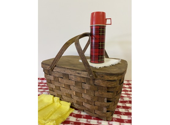 Vintage Plaid Thermos And Picnic Basket Combo