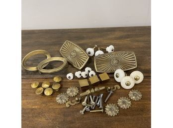 Vintage Cabinet/dresser/furniture Hardware, Heavy Brass And Porcelain Knobs
