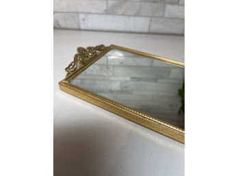 Vintage Tabletop Vanity Mirror With Carved Brass.