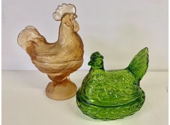 Vintage  Glass Hen On Nest & Footed Rooster  Candy Dish, Lidded Bowl
