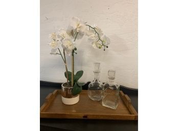 Fabulous Wood Serving Tray, Decanters & Faux Orchid Ready To Be Displayed !!