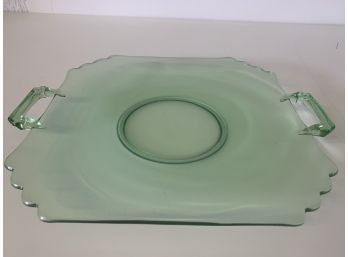 Antique Green Glass Flat Square Serving Dish With Handles  12 X 10 Inches