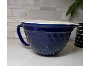 Cobalt Blue Textured Mixing Bowl With Handle And Spout.
