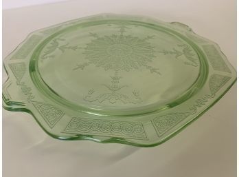 Vintage Green Depression Glass  Three Footed Cake Plate