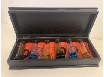 Colorful Handle Glass Shot Glasses In Decorative Wood Box