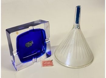 Vintage Glass Funnel With French Mid Century Ashtray And Cuban Stamp