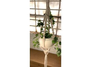 Natural Rope/twine Hanging Basket Holder With Matte White Vintage Planter