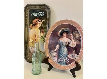 Vintage Coca-Cola & Pepsi-Cola Tin Trays With Coca-Cola Bottle