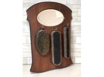 Antique/Vintage Carved Wood Grooming Mirror With Three Hanging Brushes.