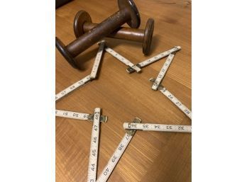 Two Large Antique Wood Spools With Vintage White Wood Folding Tape Measure/ Extension Ruler