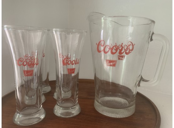 Vintage 1970s Coors Banquet Pitcher & Set Of 5 Glasses
