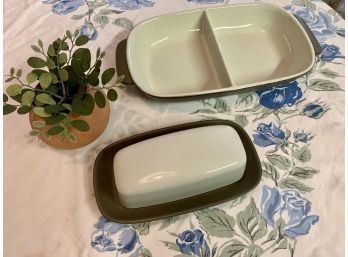 Denby  Divided Serving Dish & Denby Butter Dish With Vintage Table Cloth