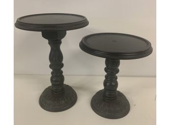 Two Round Wood Pedestal Display Stands