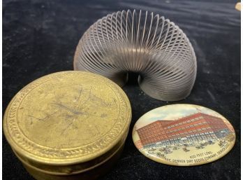 Old Brass Trinket Box, Miniature Slinky And Old Denver Dry Goods Mirror