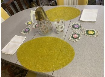 Various Vintage Table Setting Great Pitcher, Glass And Yellow Sparkle Place Mats