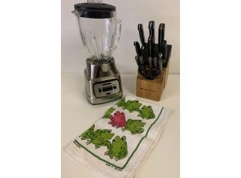 Oster Blender, Knife Set With Block And Made In Ireland Frog Tea Towel