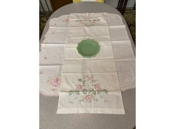 Vintage Embroidered Table Runners And Nice Fire King Jadite