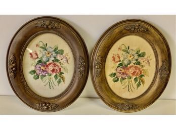 Two Antique Oval Framed Needle Work, Cross Stitch Art