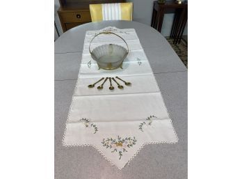 Lovely Table Runner With Frosted Glass Rice And Fruit Bowl And Six Gold Tone Spoons
