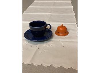 Pretty White Table Runner And Fiesta Coffee Cup