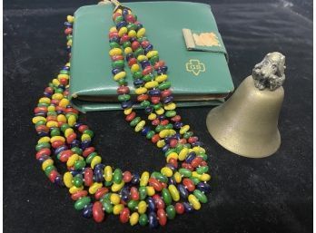 Random Vintage Trio - Girl Scout Wallet, Colored Bean Necklace And Brass Bell