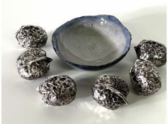 6 Retro Style Metal Walnuts In Hand Crafted Bowl