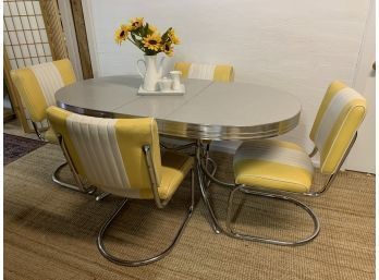 Retro Dining Set Chrome & Formica Table & 4 Vinyl  Yellow & White Dining Chairs