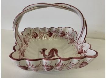 Vintage Portugal Ceramic Basket With Braided Handle