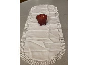 Vintage Table Runner With Red Footed Glass Candy Bowl