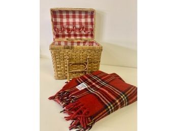 Picnic Basket And Vintage Faribo Wool Blanket , Perfect For A Picnic In The Park !