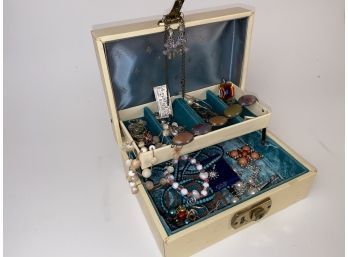 Old Jewelry Box With A Variety Of Misc. Rings, Bracelets Earrings
