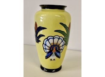Beautiful Hand Painted Yellow Vase With Turkey Made In Japan Approx. 7 X 4 Inches