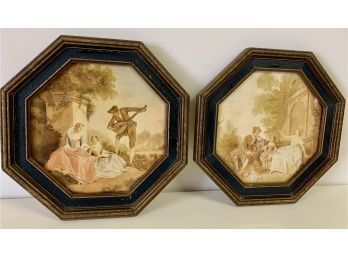 Two Octagon Framed Antique  Art Pieces