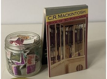 C.R. Mackintosh Book Of Postcards And Jar Of Foreign Stamps