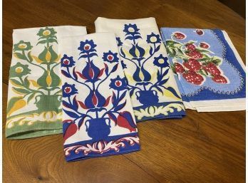 Four Vintage Tea Towels Bright Colors
