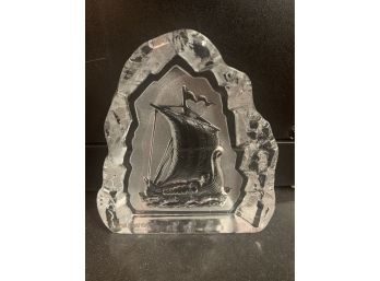 Vintage  Nybro Sweden Crystal Viking Ship Sculpture