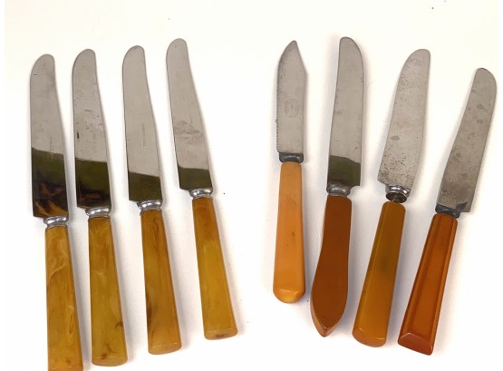 8 Butterscotch Bakelite Handle Knives With Stainless Blades