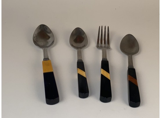 3 Spoons And A Fork With Striped Bakelite Handles
