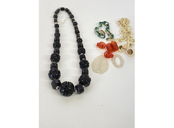 Vintage Plastic Carved Black Bead Necklace And Bobbles