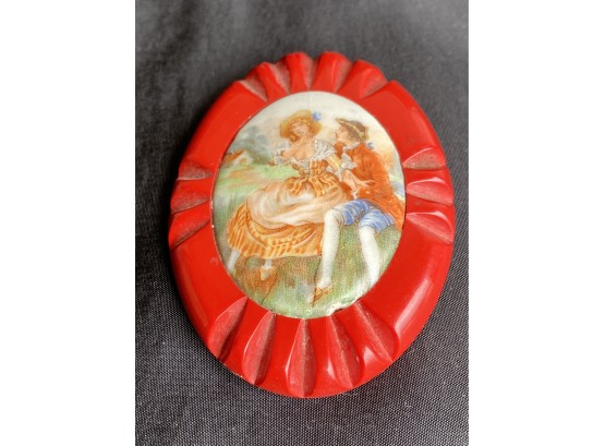 Large Carved Vintage Plastic Pin With Painted Ceramic