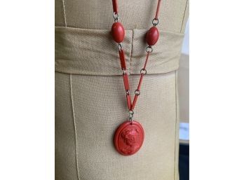 Red Celluloid Cameo Necklace Approx. 17 Inches